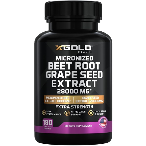 [BRSRECARBEOQ4CLX] X Gold Health Beet Root & Grape Seed Extract – Nitric Oxide Booster for Blood Flow, Energy & Endurance – 95% Polyphenols – Non-GMO, Vegan – 180 Capsules – Made in USA