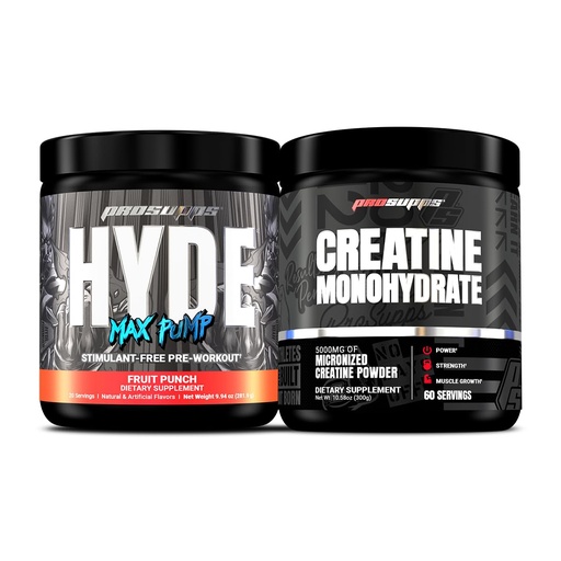 [BRSRAHAFBZ4A2AL3] PROSUPPS Hyde Max Pump Stimulant-Free Pre-Workout, Fruit Punch and Creatine 300 Bundle