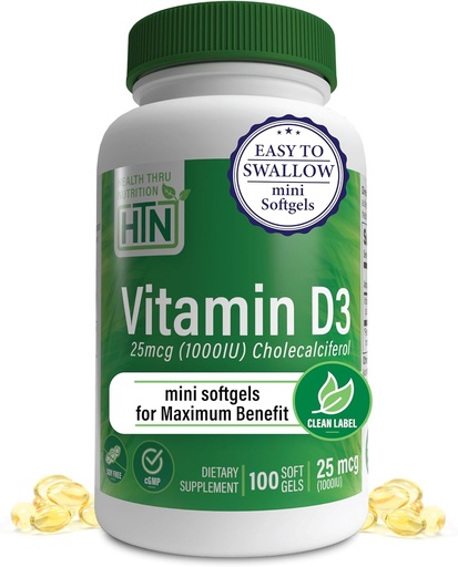 [BRSWYBD4BNYBEFLO] Health Thru Nutrition Vitamin D3 1,000iu 100 Mini Softgels for Maximum Benefit | 25mcg Cholecalciferol | 3rd Party Tested | Non-GMO USP Grade in Organic EVOO | Immune Health Support