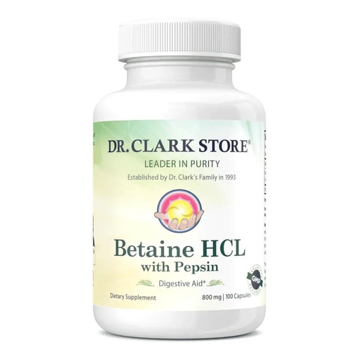 [BRSWIHTYCF5GIEA5] Dr. Clark Betaine HCL Supplement with Pepsin, 800mg, 100 Gelatin Capsules