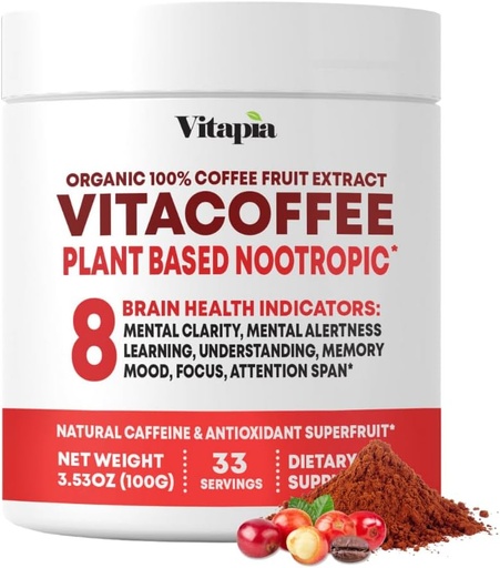 [BRSWYCQ2B4FRS3L2] Vitacoffee Caffeine Coffee Fruit Powder for Energy, Memory, Focus, Antioxidant, Metabolism, Skin Health Support - 100g & 33 Day Supply - Non-GMO, Gluten-Free, Vegan Supplement