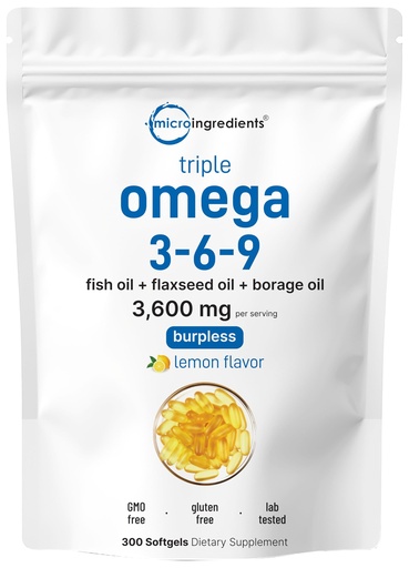[BRSWGAANPMOW23A7] Ultra Omega 3-6-9 3600mg Per Serving, 300 Burpless Softgels | Lemon Flavor – Blend of Fish, Flaxseed, Borage Oils | Bioavailable Source, Non-GMO, No Gluten, Mercury Free