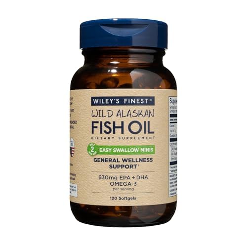 [BRSWGBD5AQBRUC3H] Wiley's Finest Wild Alaskan Fish Oil Easy Swallow Minis - Omega-3 Fish Oil Supplement for Adults and Kids - Double-Strength 630mg EPA and DHA Natural Supplement - 120 Mini Softgels (60 Servings)