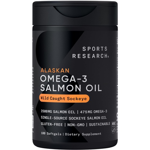 [BRSRACQ3OB6WGCL7] Sports Research® Salmon Oil - Single-Source Wild Alaskan Sockeye | 2500 mg per Serving w/EPA & DHA Fatty Acids | MSC Certified - 180 Count Softgels