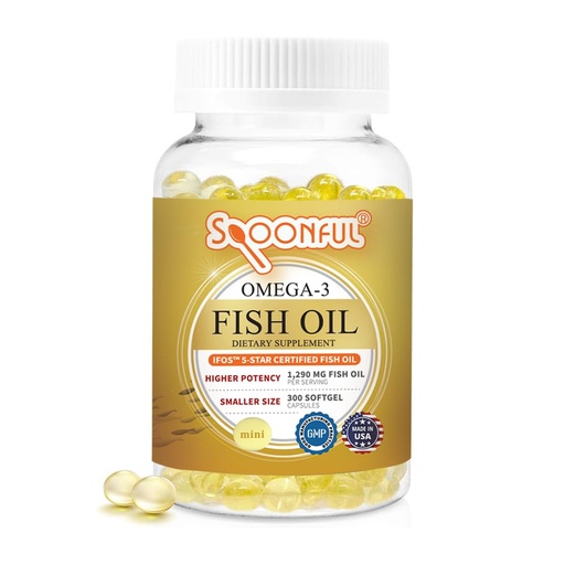 [BRSW2HAHOIHA2HQ3] Spoonful Mini Omega 3 Fish Oil, iFOS Certified, 1290 mg Per Serving, 300 Softgels Pearls, Small Size Easy to Swallow Capsules, Made in USA