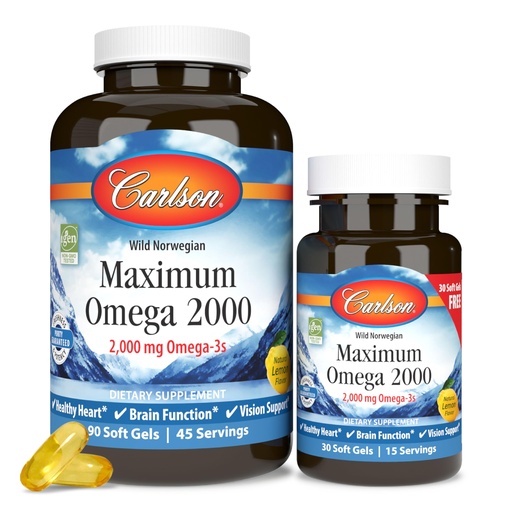 [BRSWECQ5OR4GKFLG] Carlson - Maximum Omega 2000, 2000 mg Omega-3 Fatty Acids Including EPA and DHA, Wild-Caught, Norwegian Fish Oil Supplement, Sustainably Sourced Fish Oil Capsules, Lemon, 90+30 Softgels