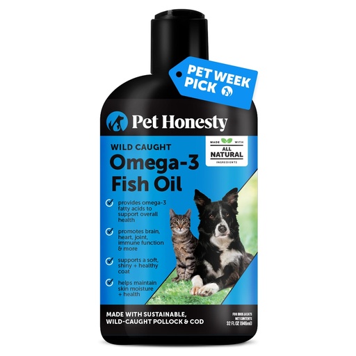 [BRSWYYALAAMWA3D6] Pet Honesty Omega 3 Fish Oil Supplement for Dogs & Cats (32oz), Wild Caught Omega 3 Fish Oil for Skin and Coat Health, Supports Shedding, Skin & Coat, Immunity, Joint, Brain & Heart, EPA + DHA