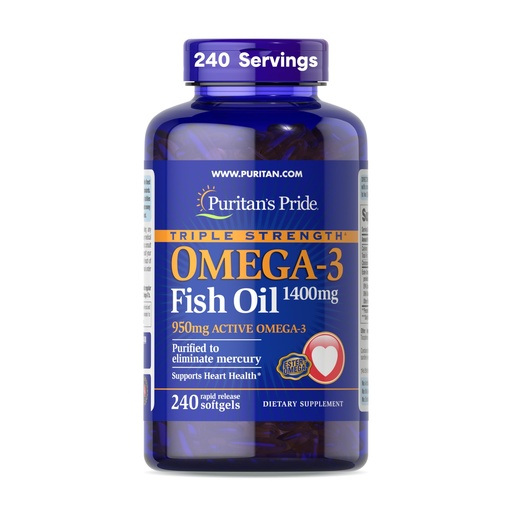 [BRSWIEDRDMGQIA3G] Puritan's Pride Triple Strength Omega-3 Fish Oil 1400mg, Active Omega-3 950mg, Dietary Supplement for Heart, Joint, and Cellular Health Support, 240 Rapid Release Softgels (Packaging May Vary)