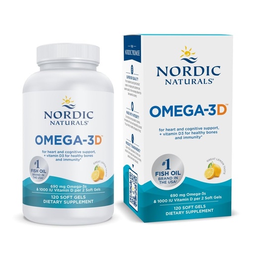 [BRSWIYA6C4FBQHT6] Nordic Naturals Omega-3D, Lemon Flavor - 120 Soft Gels - 690 mg Omega-3 + 1000 IU Vitamin D3 - Fish Oil - EPA & DHA - Immune Support, Brain & Heart Health, Healthy Bones - Non-GMO - 60 Servings