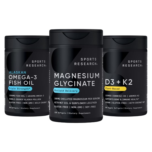 [BRSREEIHCQHRUHLJ] Sports Research® Multivitamins Pack - Triple Strength Omega-3 Fish Oil 1250 + 160 mg Chelated Magnesium Glycinate + Vegan Vitamin D 5000iu & Mk7 Vitamin K 100mcg