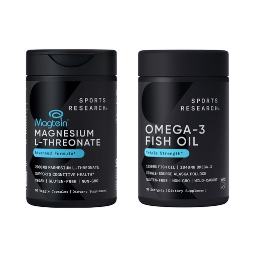 [BRSRE2Q3OEHBS3L5] Sports Research® Cognitive Health Support Pack - Triple Strength Omega 3 Fish Oil EPA DHA Fatty Acids from Wild Alaskan Pollock & Magtein Magnesium L-Threonate