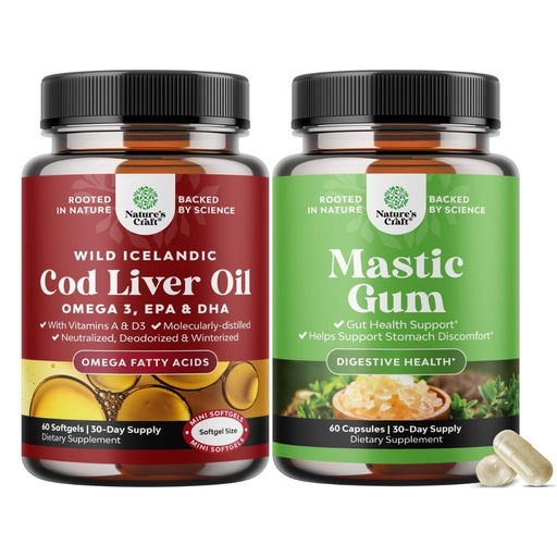 [BRSRGYAEC4CG2HLJ] Bundle of Icelandic Wild Caught Cod Liver Oil Softgels - Fish Omega 3 EPA DHA Vitamin D & A 1000mg Per Serving and High Strength Mastic Gum Capsules - Herbal Digestion Providing Upset Stomach Relief