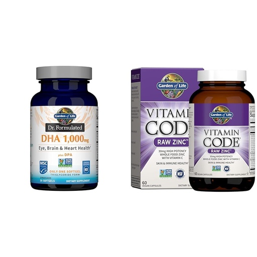 [BRSRAYYYBANWCELU] Garden of Life 1000mg DHA Fish Oil + 30mg Zinc Supplements for Eye, Brain, Heart, Immune & Skin Health, 30 Count
