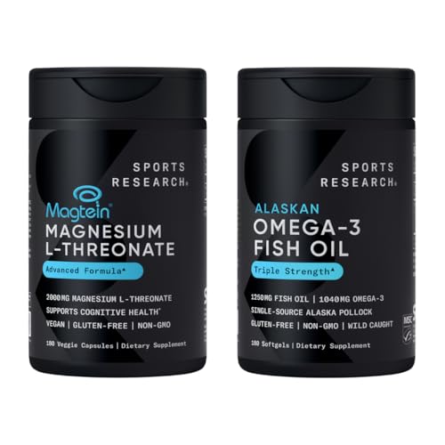 [BRSRE2Q2PICRS3AZ] Sports Research 180 Count Cognitive Health Support Mega Pack Contains Triple Strength Omega 3 Fish Oil w/EPA & DHA Fatty Acids (1250 mg) & Magtein Magnesium L-Threonate (2000mg)