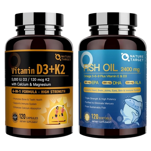 [BRSRGFILCV7BGHI6] NATURE TARGET Bone & Heart Synergy Bundle — Vitamin D3 K2 + Triple Omega 3-6-9 Fish Oil with Calcium & Magnesium & Vitamin E, Complete Daily Support for Bones, Heart, Brain & Immune Health