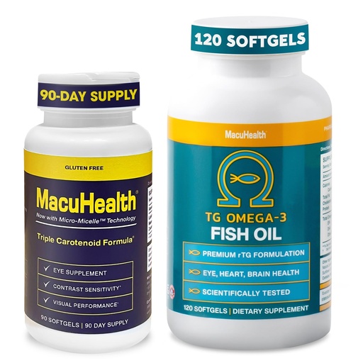 [BRSW2HT4OYFQIA3J] Macuhealth Triple Carotenoid Formula - Eye Vitamins for Adults, 90 Softgels (3-Month Supply) + Omega 3 Fish Oil - 1100mg DHA, 1100mg EPA, Triglyceride Formula, 120 Softgels for Overall Wellness