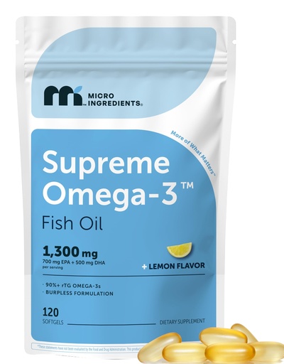 [BRSREHD7OVYAYA35] Micro Ingredients Supreme Omega-3 Fish Oil w/Ultra High EPA & DHA, Burpless Softgels | rTG Omega-3 with Vitamin D3 | Wild-Caught Cold Deep-Sea Fish | Lemon Flavor, Easy to Swallow, 120ct