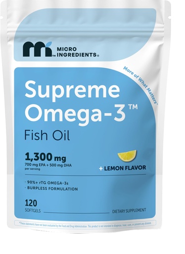 [BRSREHD7OVYAYA35] Micro Ingredients Supreme Omega-3 Fish Oil w/Ultra High EPA & DHA, Burpless Softgels | rTG Omega-3 with Vitamin D3 | Wild-Caught Cold Deep-Sea Fish | Lemon Flavor, Easy to Swallow, 120ct