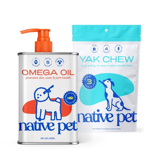 [BRSREYYQB4PRA3T3] Native Pet Omega Oil for Dogs (16 Oz.) Fish Oil Supplements & Yak Chews for Dogs (3 Medium Chews) - Pasture-Raised and Organic Yak Cheese Himalayan Churpi