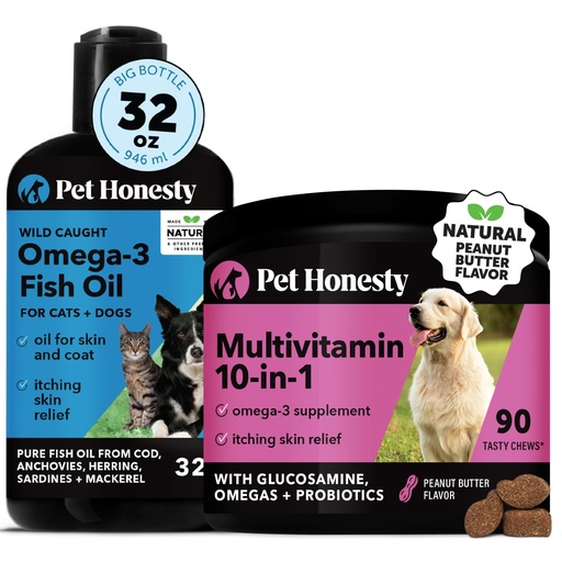 [BRSRAEITDEMGYDLO] Omega 3 Fish Oil & Multivitamin Virtual Bundle: Wild Caught Omega 3 Supplement & Dog Vitamins with Glucosamine for Skin and Coat (32oz & Peanut Butter 90 ct)
