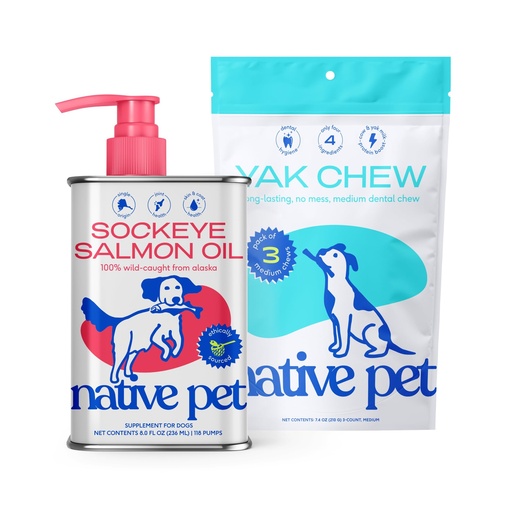 [BRSREYA5CEFGE3LA] Native Pet Sockeye Salmon Oil for Dogs and Cats (8 Oz.) & Yak Chews (3 Medium Chews) - All Natural Dental Sticks Made with Yak Cheese & Pure Omega-3 Fish Oil Promotes Healthy Skin & Shiny Coat
