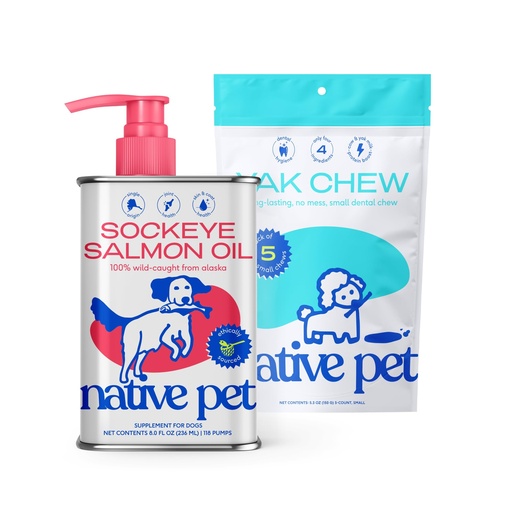 [BRSREYA5BV4GAYA4] Native Pet Sockeye Salmon Oil for Dogs and Cats (8 Oz.) & Yak Chews (5 Small Chews) - All Natural Dental Sticks Made with Yak Cheese & Pure Omega-3 Fish Oil Promotes Healthy Skin & Shiny Coat
