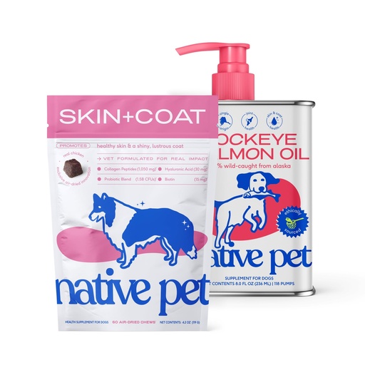 [BRSREYA7CUDW2HQ3] Native Pet Omega Skin and Coat Chews for Dogs (60 Air-Dried Chews) & Sockeye Salmon Oil for Dogs (8 Oz.) - Pure Omega 3 Fish Oil Promotes Healthy Skin, Shiny Coat, & Strong Joints