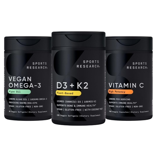 [BRSRGZ3QCMPRMDLP] Sports Research® Vegan Supplements Pack - D3 + K2 + Vegan Omega-3 Fish Oil Alternative from Algae Oil + High Potency Vitamin C