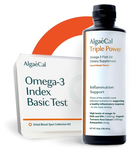 [BRSRACQQBANGAH32] ALGAECAL Triple Power: 1200mg EPA & DHA Omega-3s Fish Oil Supplement, Supporting Brain, Heart, Skin & Bones, and Omega-3 Home Test Kit: Easy at-Home Testing with Pre-Paid Return Envelope