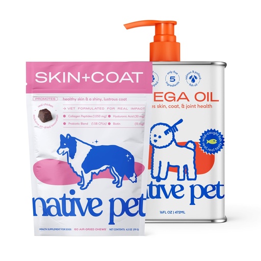 [BRSREYA7CMIBSHL6] Native Pet Omega Skin and Coat Chews for Dogs (60 Air-Dried Chews) & Omega Oil for Dogs (16 Oz.) - Omega 3 Fish Oil Bundle Promotes Healthy Skin, Shiny Coat, & Strong Joints