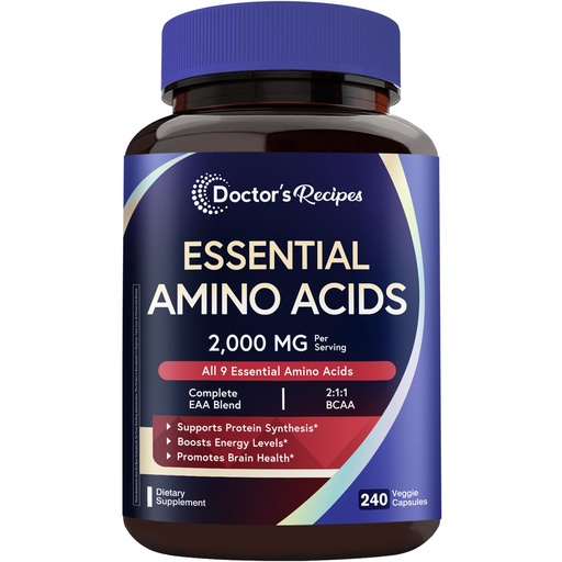 [BRSREGT4PMNQG3Y2] Doctor's Recipes Essential Amino Acids Supplement, All 9 Essential Amino Acids (EAA), BCAA 2:1:1, 240 Veggie Capsules