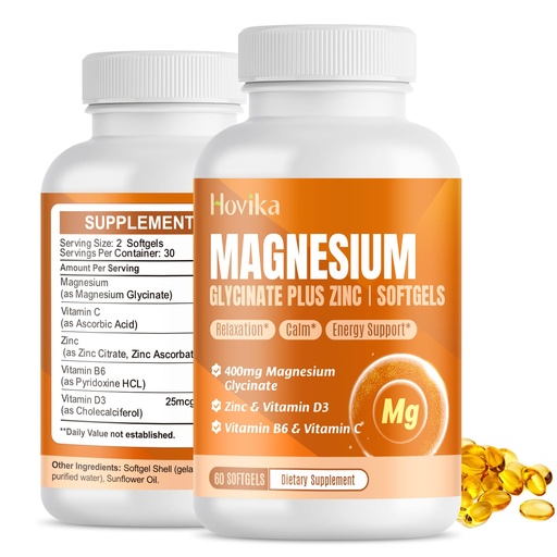 [BRSROBLQOQGQ4HY7] Magnesium Glycinate Supplement Softgels, Magnesium Glycinate 400mg with Zinc, Vitamin B6, C, D3, Pure Magnesium for Sleep, Calm, Muscle, Energy, Heart Support - 60 Vegan Capsules for Women & Men