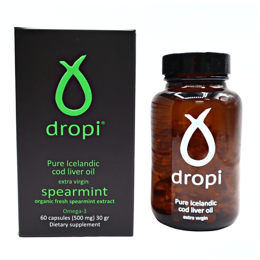 [BRSRMYI2AAGQIDLG] Dropi Pure Icelandic Cod Liver Oil Capsules - Extra Virgin - Organic Fresh Spearmint Extract - Cod Liver Oil Softgels Naturally Rich in Super Omega 3 Fatty Acids, Vitamin A, Vitamin D - 60 Ct (500mg)