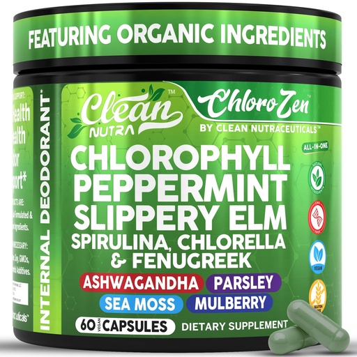 [BRSREEADC4BBECAV] Clean Nutra Chlorophyll Capsules + Peppermint Slippery Elm Spirulina Chlorella Fenugreek Ashwagandha Sea Moss Supplement – Ph Balance for Women Detox Internal Deodorant Supplement + Prebiotics 60 Ct