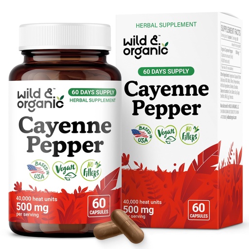 [BRSRAHA3BADWY3D4] Wild & Organic Cayenne Pepper Capsules 500 mg - Digestive Support - Pure Cayenne Pepper Extract - Capsaicin Supplements - Vegan, No Fillers, Non-GMO - 60 Count