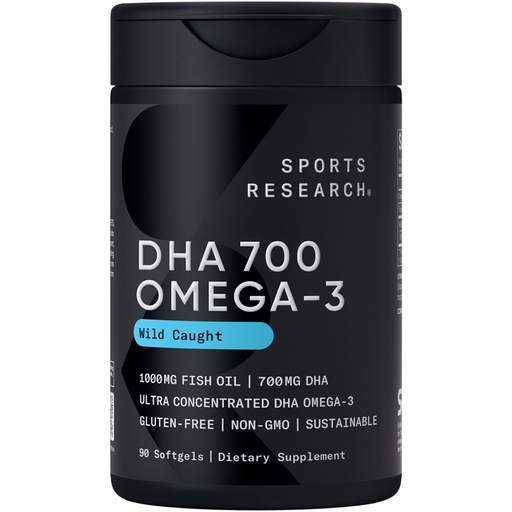 [BRSRECAZOEIGYDLJ] Sports Research® DHA Omega-3 Fish Oil 700 mg – Single Source Wild-Caught Fish – Supports Brain Health* – Burpless, Non-GMO, Gluten-Free, Sustainably Sourced – 90 Softgels
