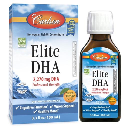 [BRSWGZ3QC54AGH36] Carlson - Elite DHA, 2270 mg DHA, Professional Strength, Norwegian Fish Oil Concentrate, Cognitive Function & Vision Support, Orange, 100 mL