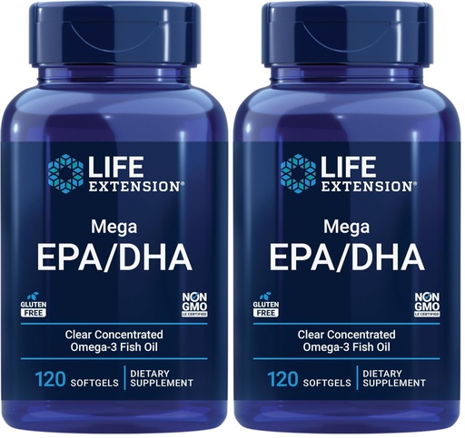 [BRSRGCT3B55REHQ4] Life Extension Mega EPA/DHA, Omega-3 Fatty acids, Heart & Brain Health, Non-GMO, Gluten-Free, 120 softgels (Pack of 2)