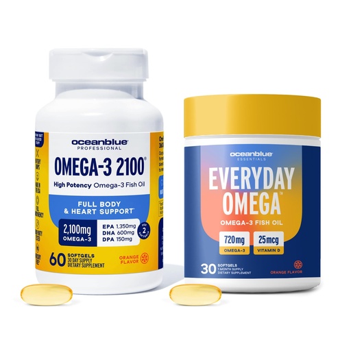 [BRSREFICO4CG2ET2] Oceanblue Omega-3 Bundle – 2100 Triple Strength 180ct + Essentials Everyday Omega Minis 60ct – High-Potency EPA, DHA, DPA with Vitamin D3 – Orange Flavor – Heart, Brain & Immune Support - 2 Pack