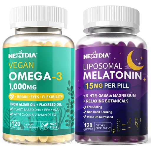 [BRSRGFL3CN6BSAA3] Vegan Algae Omega 3 Supplement + Liposomal Melatonin Sleep Pills