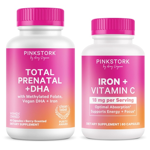 [BRSREEAQBNYAADL6] Pink Stork Prenatal + Iron Bundle - Total Prenatal with DHA, Iron Supplement, Prenatal Vitamin for Women