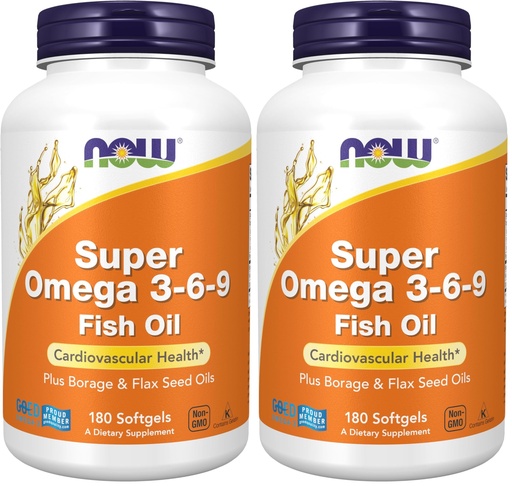 [BRSRGGQNA4GRYA37] NOW Foods Supplements, Super Omega 3-6-9 1200 mg with a Blend of Fish, Borage and Flax Seed Oils, 180 Softgels,(Pack of 2)