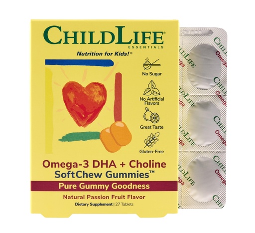 [BRSWYFL7OUPQOCDA] ChildLife Essentials Omega-3 DHA + Choline SoftChew Gummies Supplement for Kids - Omega 3 DHA Gummies with Choline, Fish Oil for Babies, Toddlers & Children - Natural Passion Fruit Flavor, 27 Tablets