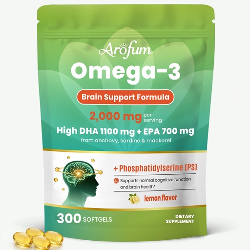 [BRSRGFL2CIIWGH3P] Omega 3 Fish Oil 2000mg Brain Supplement with Phosphatidylserine & 1100mg DHA – Memory, Focus & Cognitive Support for Professionals & Seniors – Lemon Flavor, 300 rTG Softgels