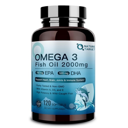 [BRSRAAQ5CF6AO2Y6] NATURE TARGET Omega 3 Fish Oil 2000mg Softgels with Vitamin D3 & E & A - EPA & DHA- Max-Absorption, Supports Heart, Brain & Immune Health, Non-GMO, 120 Softgels