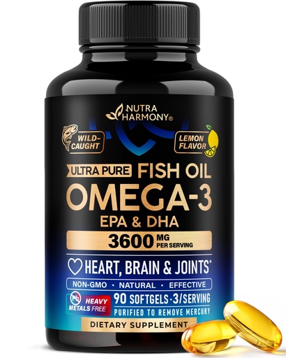 [BRSREFQLBMBWEYDH] Omega 3 Fish Oil 3600 mg - Omega 3 Supplement | EPA & DHA - Heavy Metals Free - Heart, Brain & Joint Support - Purified Fish Oil for Men & Women - Lemon Flavored - Made in USA, 90 Softgels