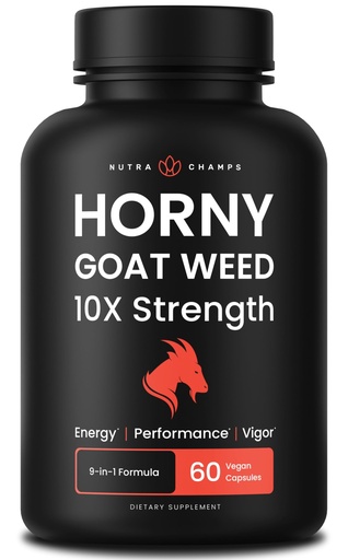 [BRSWGEAPO5YAAH3L] NutraChamps Horny Goat Weed, 1000mg Epimedium Energy Supplement, 10X Strength Icariin, Ginseng, Tribulus & Maca Pills for Women & Men, Enhanced Absorption with Black Pepper, 60 Vegan Capsules