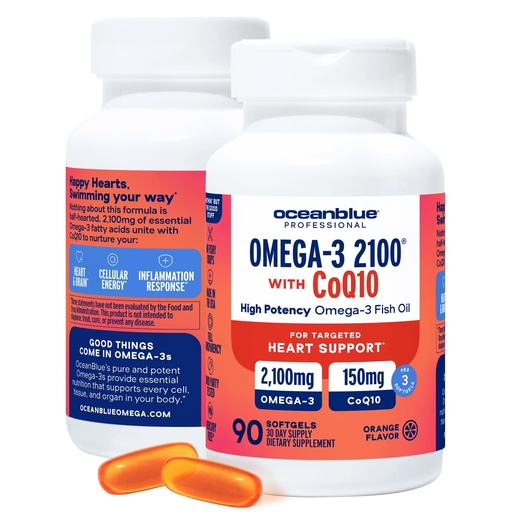 [BRSRMZQ5OINBA2DA] Oceanblue Professional Omega-3 2100 with CoQ10 - Triple Strength EPA DHA Omega 3 Supplement - Heart Health & Cellular Energy - Orange Flavor - 90 Softgels (Pack of 2)