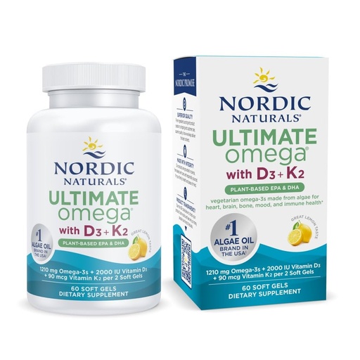 [BRSRABIOAUBAYD3F] Nordic Naturals Ultimate Omega Plant Based Vitamin with Vitamin D3+K2-60 Vegetarian Soft Gels - 1210 mg Omega-3s Plus 2000 IU D3 and 90 mcg K2 - Promotes Brain Health - Non GMO - 30 Servings