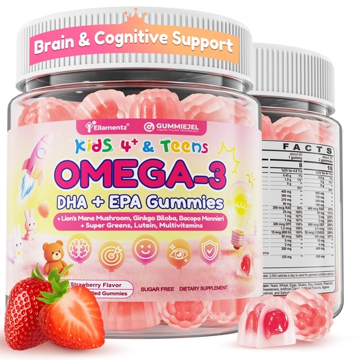 [BRSRAAL4PMGWKD3A] Omega 3 for Kids & Teens, High DHA Algal Oil Gummies w/Lion's Mane, Super Greens, Lutein, Methyl B12 B9, D3 K2 for Brain Focus, Vision & Immunity, 0g Sugar Kids Focus Vitamins, No Fish Burps, 60cts